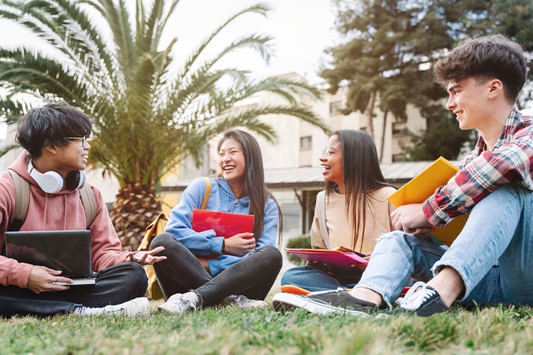 Four students talking on the lawn