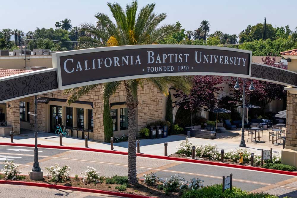 Front of the entrance to CBU with an archway
