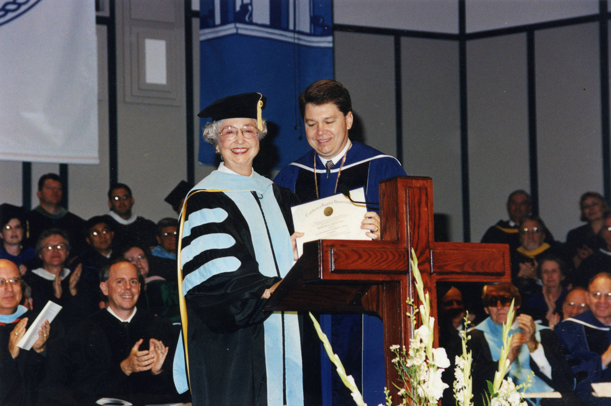 Dr. Bonnie G. Metcalf accepts the title of Vice President for Academic Affairs Emeritus from Dr. Ronald L. Ellis