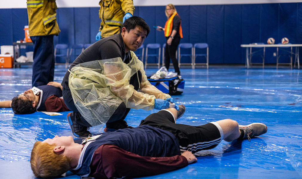 Cries for help and moans of pain filled the gym on the College of Health Science campus as “victims” waited for assistance. 