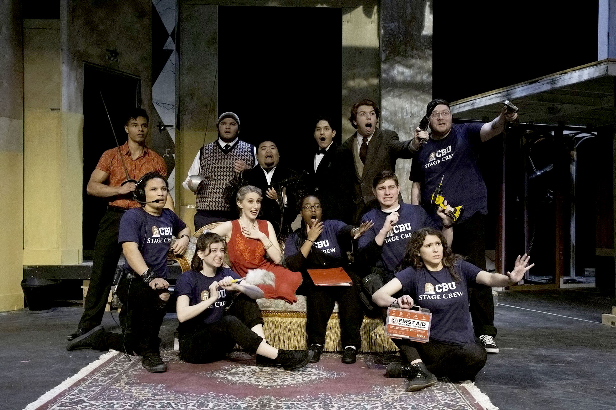 California Baptist University students are having fun as they                       work to perfect comedy in “The Play That Goes Wrong,” opening Feb. 10 in the                       Wallace Theatre.