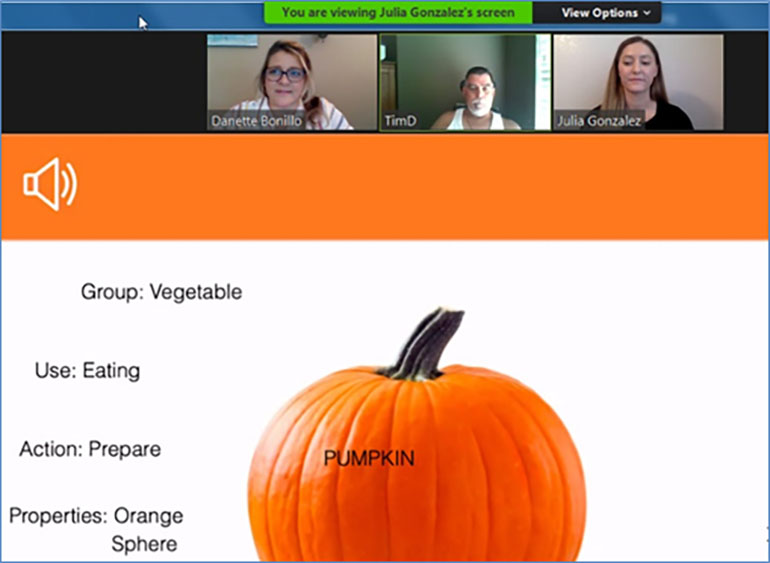 A Julia Gonzalez, a California Baptist University graduate student, leads her client through an online speech therapy exercise as Dr. Danette Bonillo oversees the interactions. 