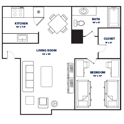1 bed, 1 bath floor plan thumbnail