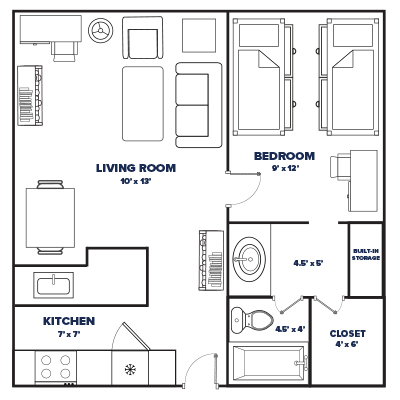 1 bed, 1 bath JR floor plan thumbnail