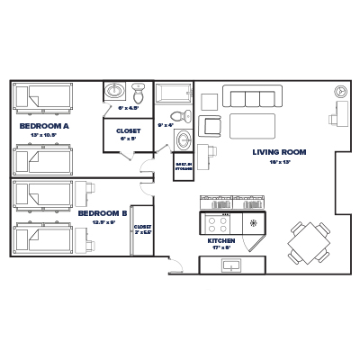 2 bed, 1.5 bath floor plan thumbnail