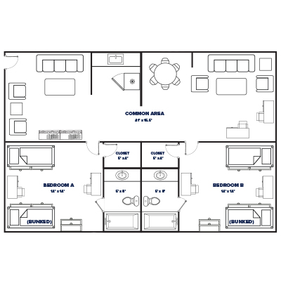2 bed, 2 bath deluxe suite floor plan thumbnail