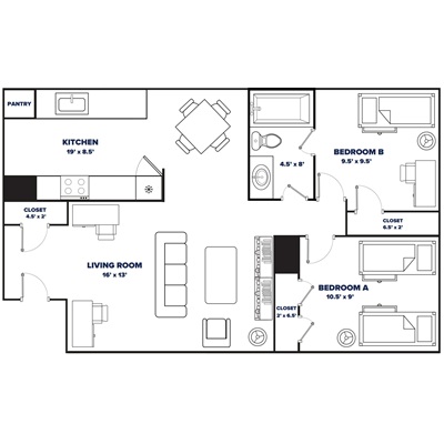 2-bed, 1-bath (New Eco) floor plan thumbnail
