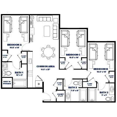 3 bedroom 3 bathroom suite floor plan thumbnail