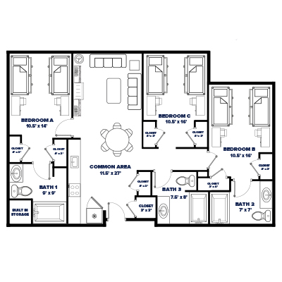3 bedroom 3 bathroom floor plan thumbnail