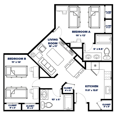2 bedroom 2 bathroom corner suite floor plan thumbnail