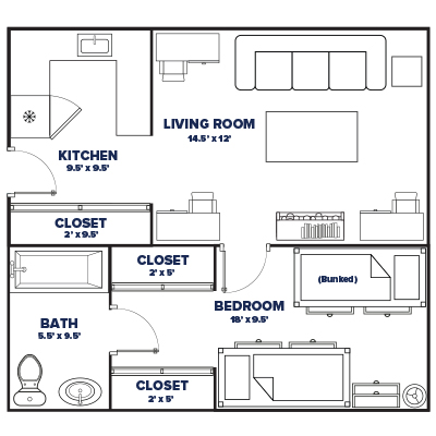 1 Bed, 1 Bath, 3 Residents Floorplan