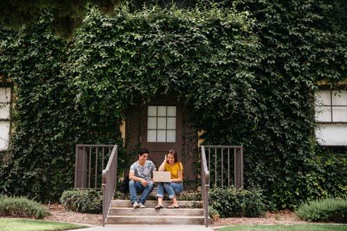 Two students sitting on the front steps of a building covered in ivy using a laptop computer