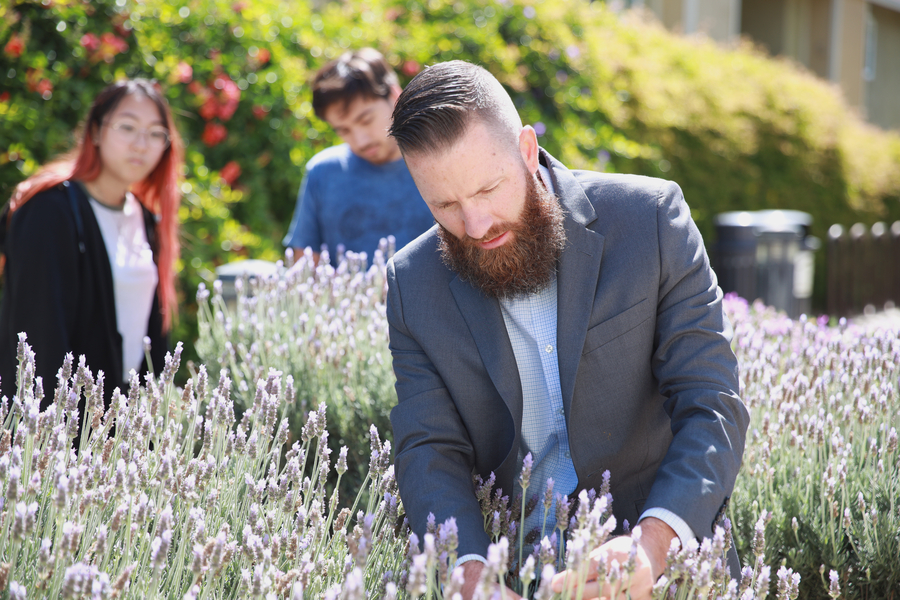 professor and students in lavender field
